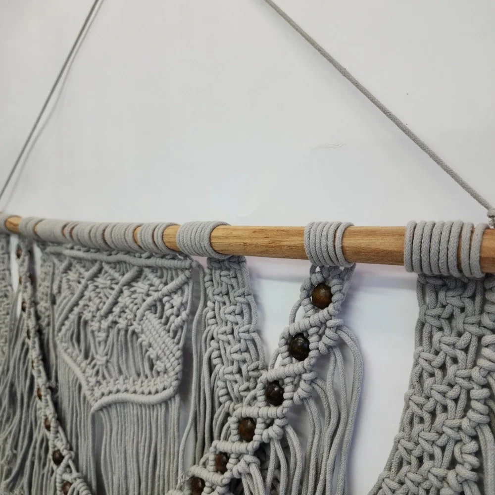 Boho Macrame Wall Hanging Grey Cotton Fringe with Wood Beads and Dowel 31.5x28in